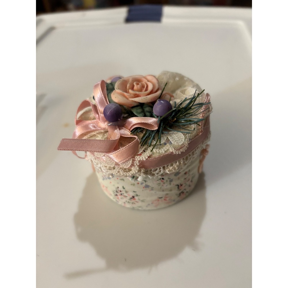 Vintage Midwest Importers Floral Hat Box Ornament Lace Rose Pink Ribbon